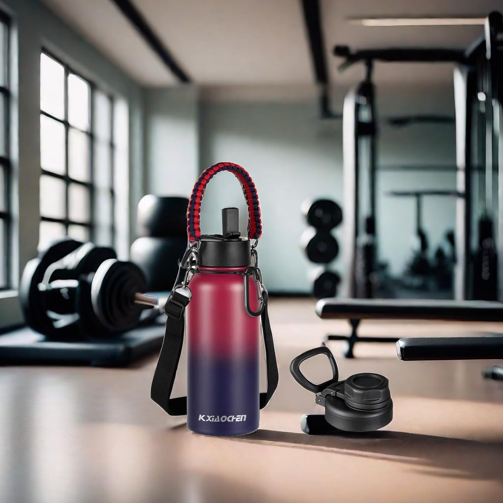 KXIAOCHEN Insulated Water Bottle With Strap, Cold For 48 Hrs Leak Proof, Triple Wall Stainless Steel Sports Water Bottle With Straw And Spout Lid For Gym Hiking Travel