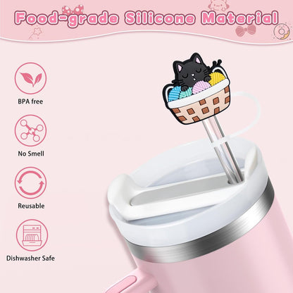 6PCS Straw Covers for Stanley Cup Tumbler 30 oz / 40 oz Leak Proof Straw Toppers 10mm Silicone Cute Straw Stopper Caps for Stanley Cup Accessories-Pink Mice