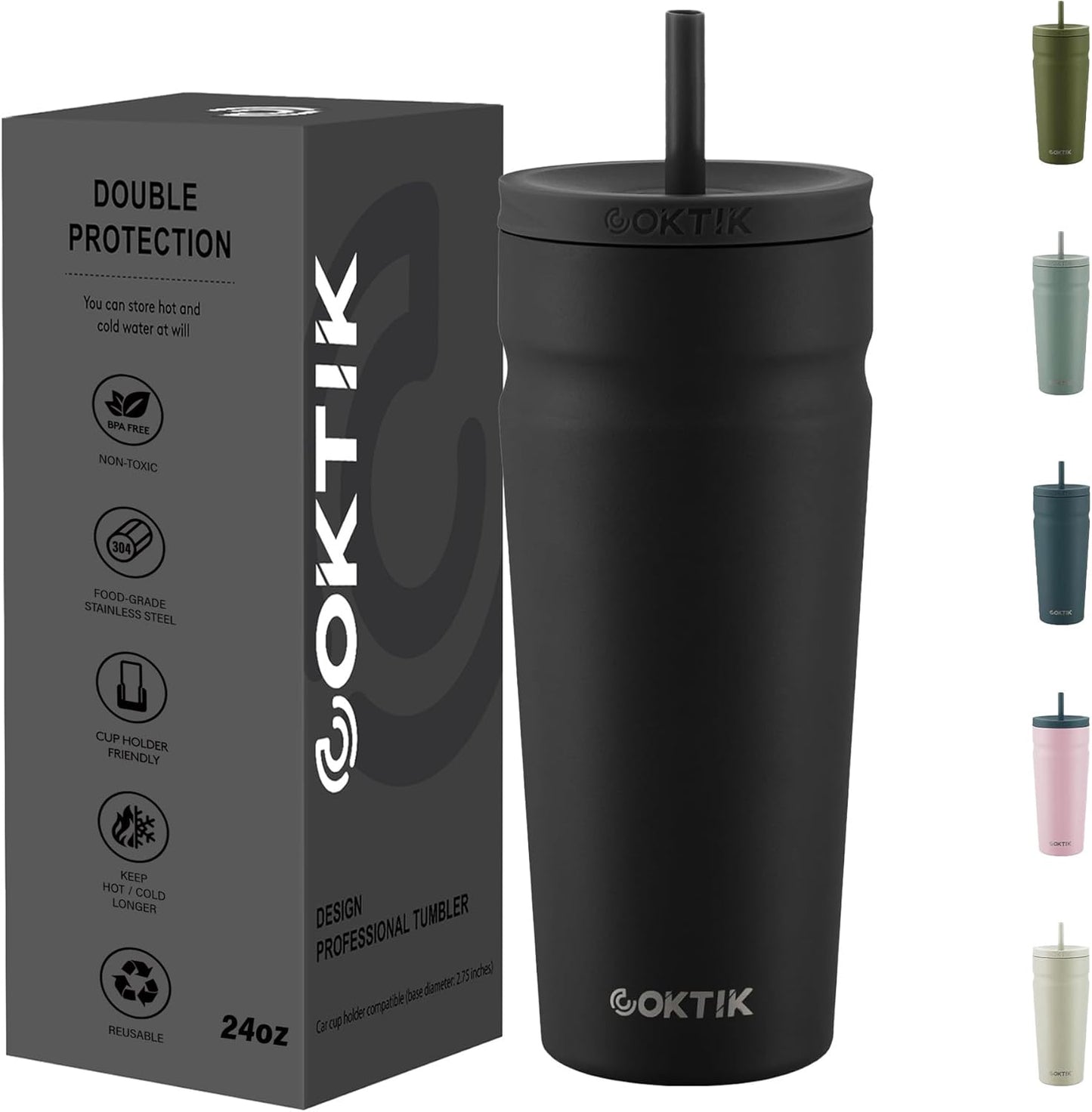 COKTIK 24oz Insulated Tumbler with Lid and Straw Iced Coffee Cup Reusable Stainless Steel Travel Mug Water Bottle Cupholder Friendly for Women Men Her Him (Blush)
