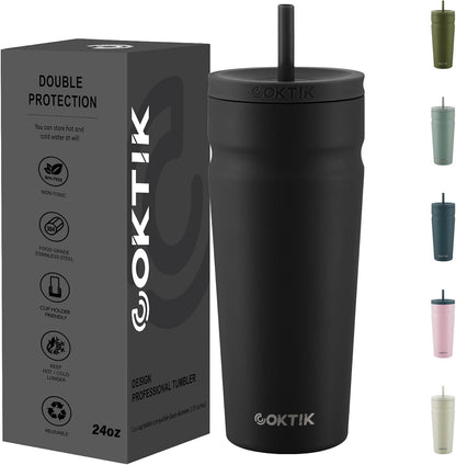 COKTIK 24oz Insulated Tumbler with Lid and Straw Iced Coffee Cup Reusable Stainless Steel Travel Mug Water Bottle Cupholder Friendly for Women Men Her Him (Blush)