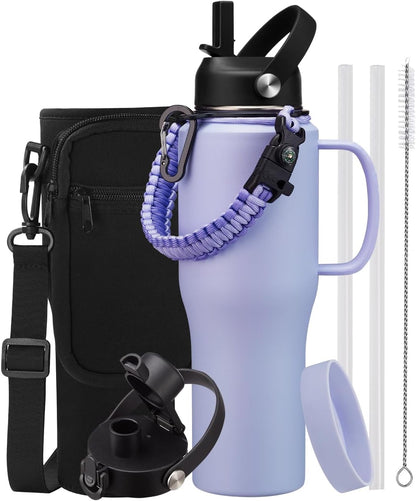 Insulated Water Bottle 40 oz - Fits in any Car Cup Holder, Keep Cold 48H Hot 24H, Stainless Steel Waterbottle Double Wall Flask with Straw, Pop-up Spout Lid, Paracord Handle, Carrier Bag