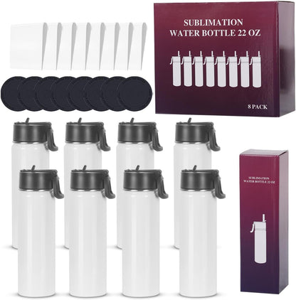 Draheri Sublimation Sports Water Bottle blanks, 22 Oz Sublimation Tumblers, Double Wall Stainless Steel Sports Water Bottle Flask with Portable Handle, Individually Boxed (8 Pack)