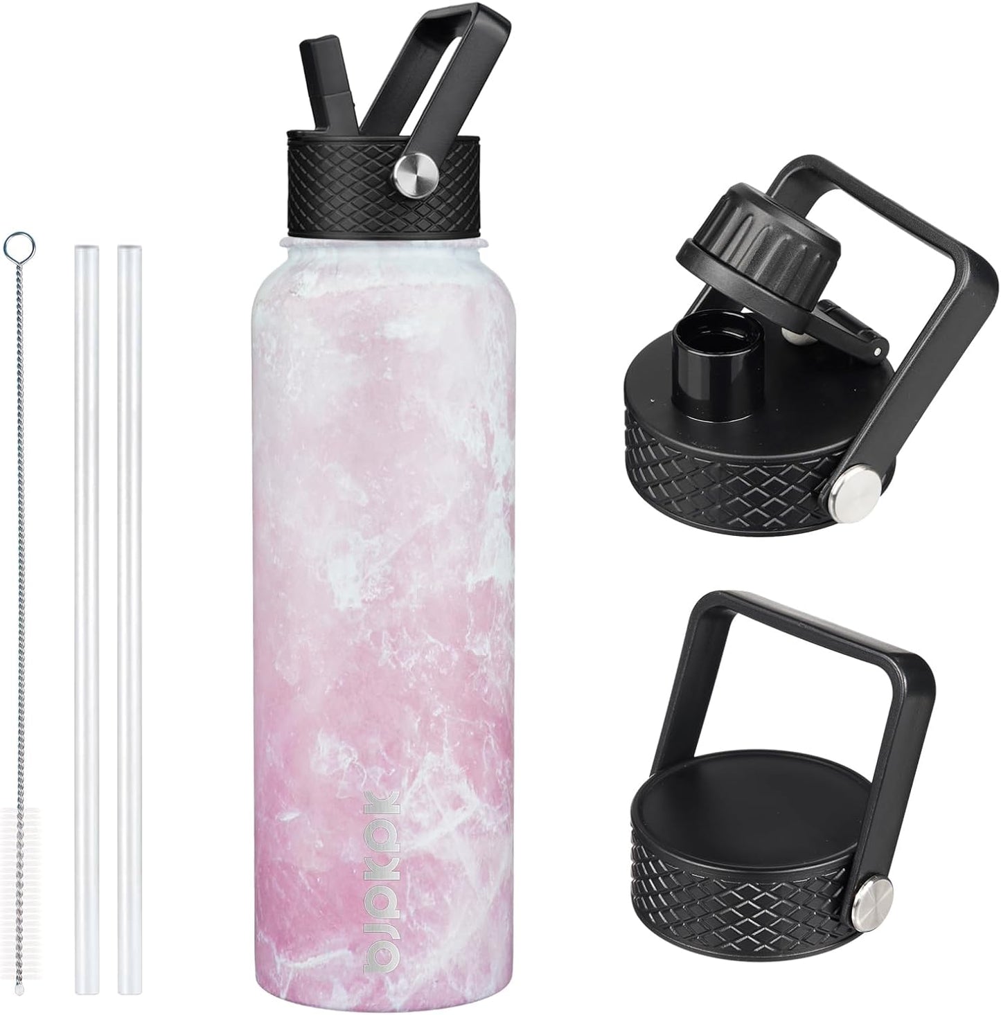 BJPKPK Insulated Water Bottles with Straw Lid, 40oz Stainless Steel Water Bottles with 3 Lids, BPA Free Leakproof Thermo, Tumblers, Cups for Sports, Gym- Midnight - Colors B