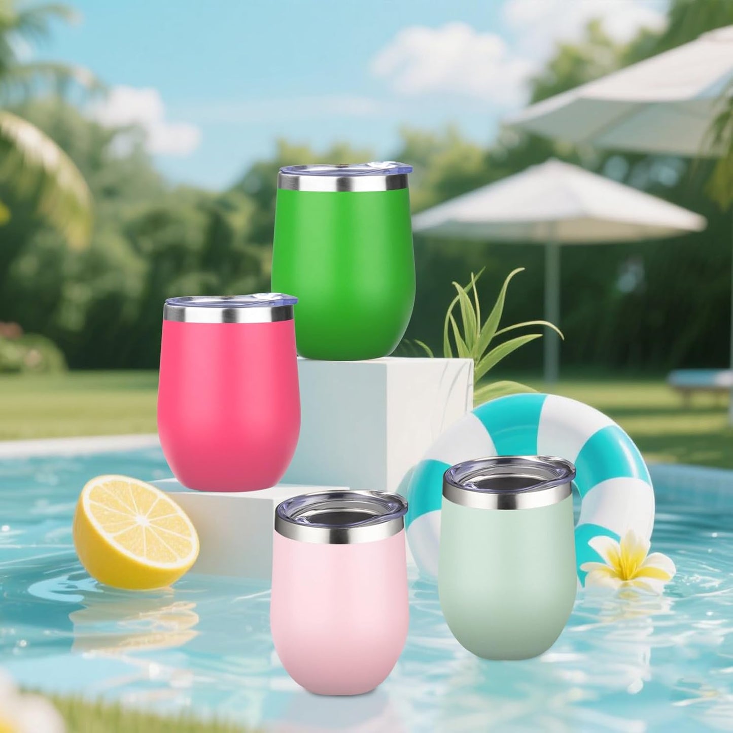 12oz/4 Pack Wine Tumbler Glasses with Lid Stemless Double Wall Vacuum Stainless Steel Travel Tumbler Keeping Cold & Hot for Wine,Coffee,Cocktails,Drinks-Family and Gifts (Multi color-dark)