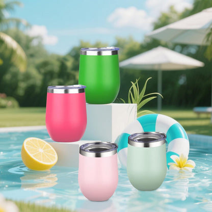 12oz/4 Pack Wine Tumbler Glasses with Lid Stemless Double Wall Vacuum Stainless Steel Travel Tumbler Keeping Cold & Hot for Wine,Coffee,Cocktails,Drinks-Family and Gifts (Multi color-dark)
