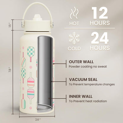 SANDJEST Pickleball Gift for Women, Water Bottle Stainless Steel 32oz with Lid & Straw, Sport Insulated Bottles Gifts for Girls Friends Teens Birthday Christmas