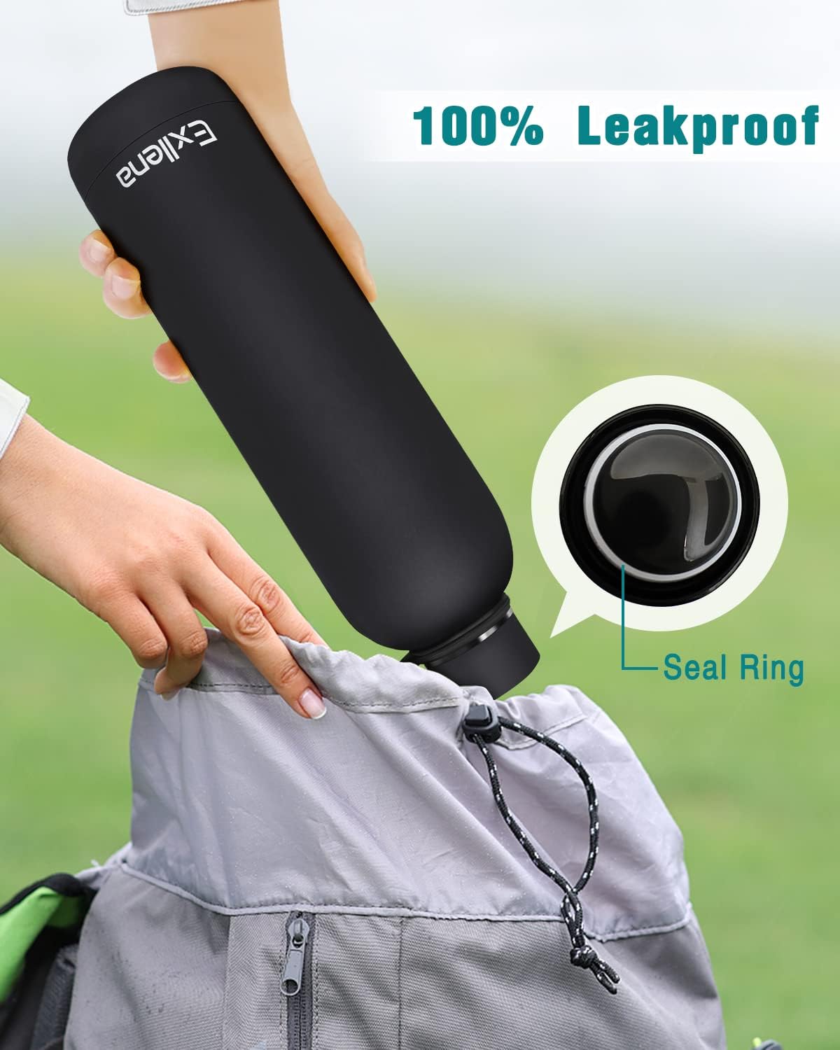 Exllena Slim Insulated Water Bottles for Travel 18oz with Clip, Double Wall Vacuum Stainless Steel Water Bottle Keeps Drinks Cold 24 Hrs/Hot 12 Hrs, 100% Leakproof, BPA Free(Black)