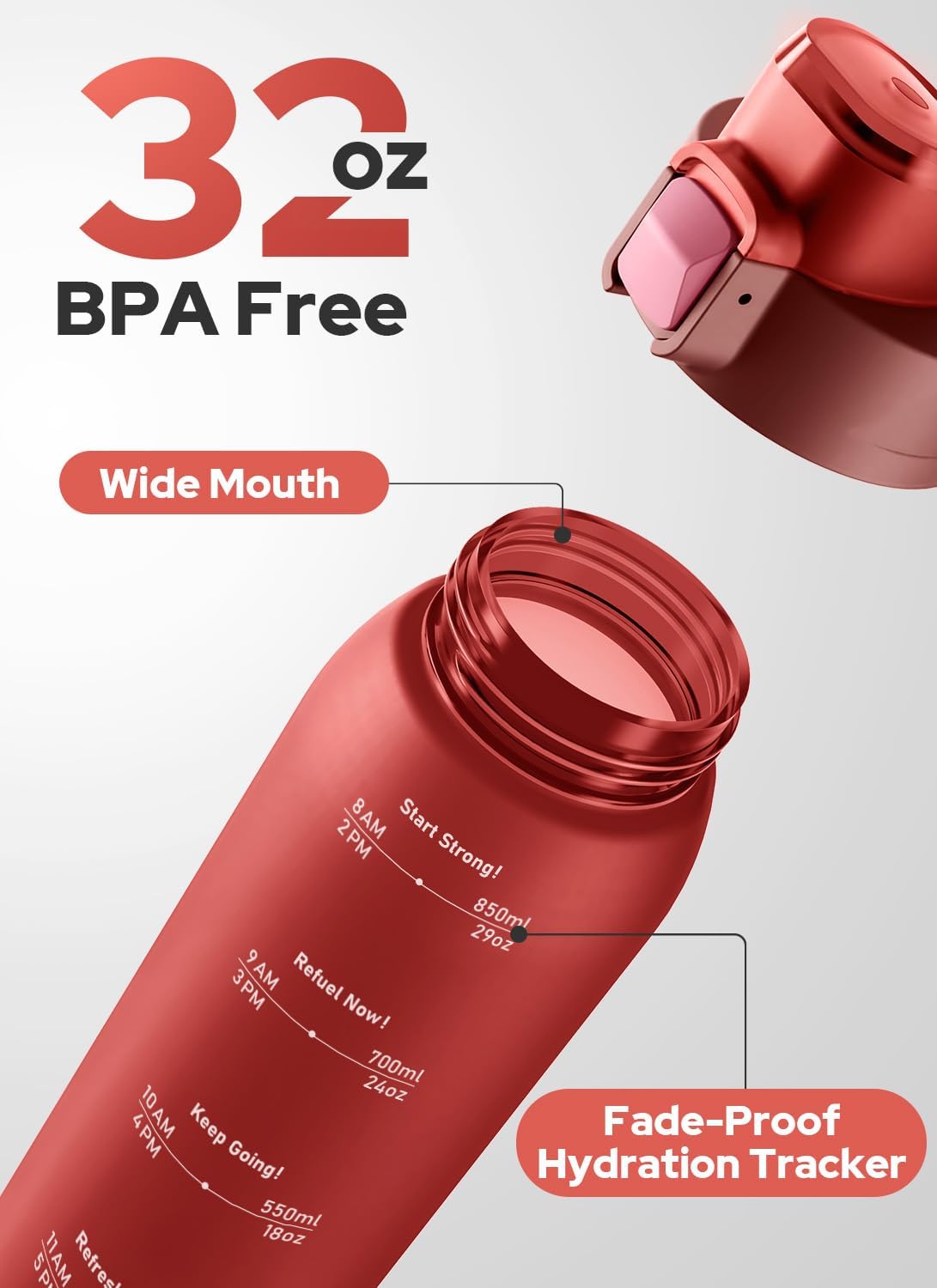 Opard Zip 32oz Plastic Water Bottle Dishwasher Safe, Leakproof Flip-Top Lid, BPA Free Tritan, Wide Mouth Reusable Sports Water Bottle for Gym Hiking Commuting Outdoor Travel and School