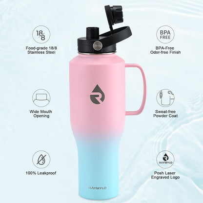 RAYMYLO 40 oz Insulated Water Bottle with Straw fit in Car Cup Holder, Triple Wall Vacuum Stainless Steel(Cold 48 hrs, Hot 24 hrs), Leakproof & Non-BPA, Hydro Travel Flask with Straw and Spout Lid