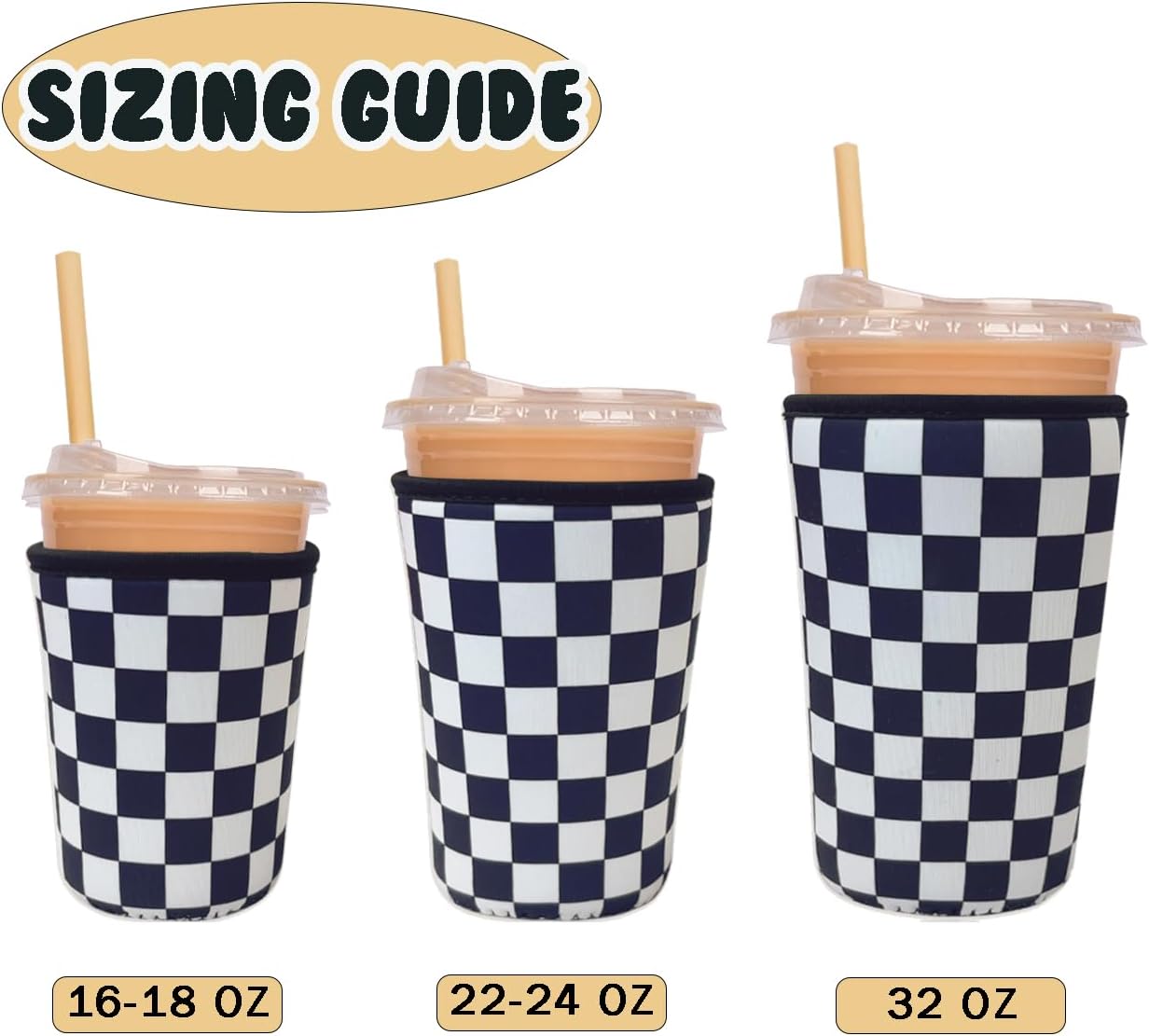 Reusable Insulated Neoprene Iced Coffee Cup Sleeve, Durable Drink Sleeve for Cold Beverages, Beverage Holder for Iced Coffee, Floral Checkers