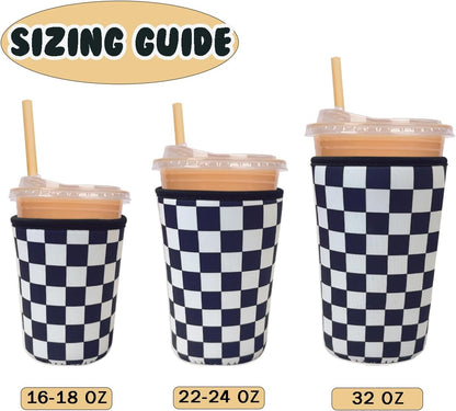 Reusable Insulated Neoprene Iced Coffee Cup Sleeve, Durable Drink Sleeve for Cold Beverages, Beverage Holder for Iced Coffee, Floral Checkers