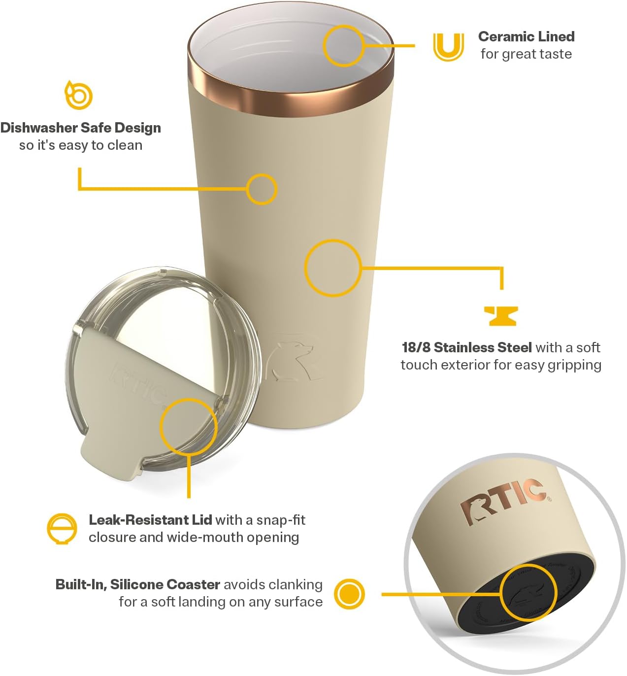 RTIC 18oz Happy Hour Pint Tumbler with Lid, Insulated, Ceramic Lined, Stainless Steel Metal, Portable Travel Cup for Hot and Cold Drink, Black Cherry