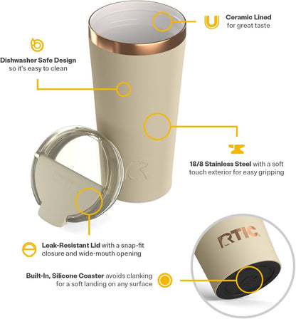 RTIC 18oz Happy Hour Pint Tumbler with Lid, Insulated, Ceramic Lined, Stainless Steel Metal, Portable Travel Cup for Hot and Cold Drink, Black Cherry