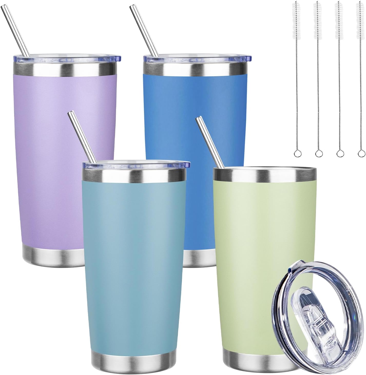 20 oz Tumbler with Lids and Straws, Stainless Steel Insulated Travel Coffee Mug, Double Wall Vacuum Insulated Tumblers, Powder Coated Coffee Tumbler for Cold & Hot Drinks (Light Purple)