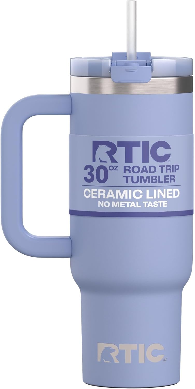 RTIC 30 oz Road Trip Tumbler Double-Walled Ceramic Lined InsulatedStainless Steel Portable Travel Coffee Mug Cup with Lid, Handle and Straw, Periwinkle Bouquet
