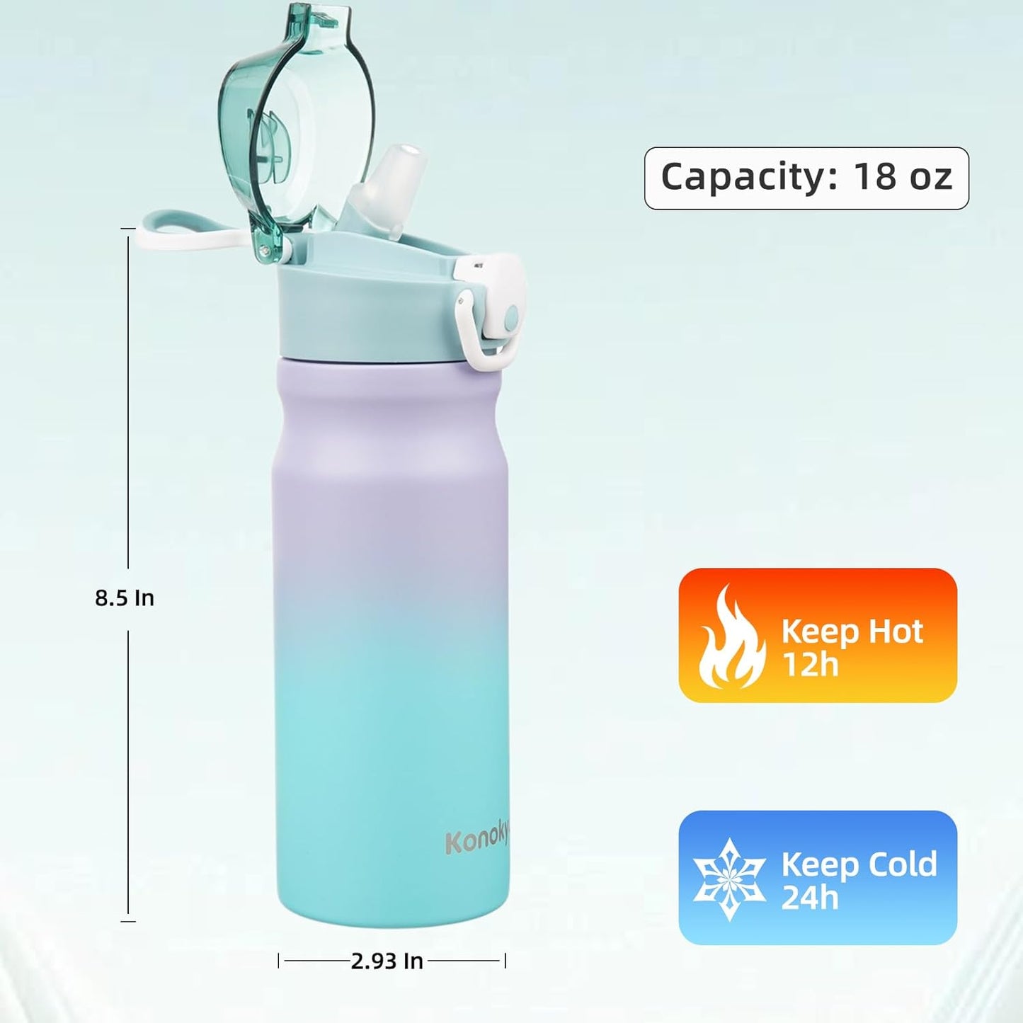 Konokyo 18 oz Insulated Water Bottle with Straw Lid, Stainless Steel Vacuum Sports Water Bottle, Leak-Proof Reusable Metal Flask with Carry Loop, BPA-Free Travel Bottle for Gym, School, Office