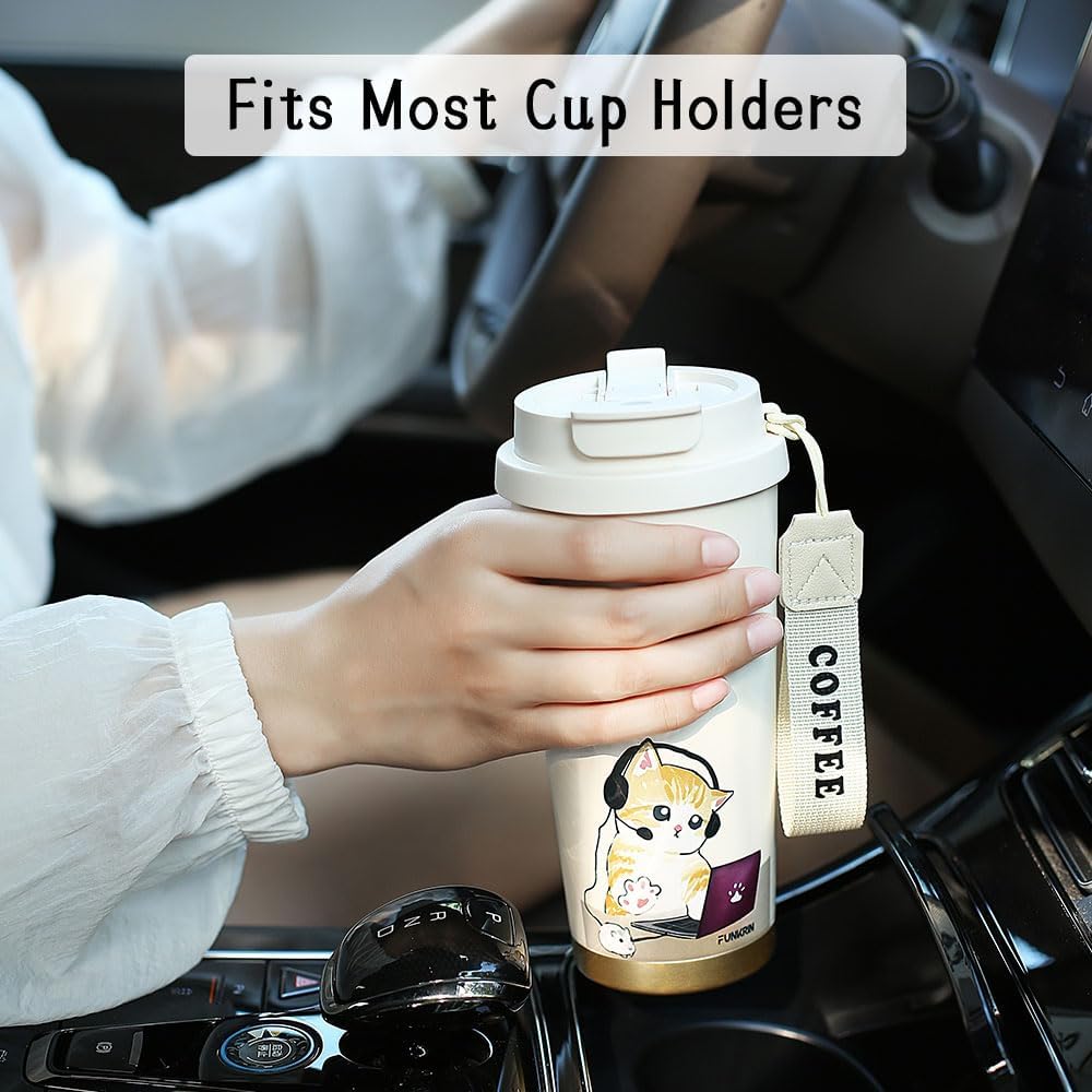 Funkrin Insulated Coffee Mug with Straw & Flip Lid, 24oz Tumbler Cup with Ceramic Coating, Double Wall Vacuum Leak-Proof Travel Mug wiht Tea Infuser for Office School Party Camping