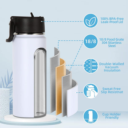 Volhoply 16 OZ Kids Water Bottle Bulk 8 Pack,Insulated Sports Bottles with Straw Lid,Stainless Steel Bottle with Handle Keep Cold & Hot,Double Wall Vacuum Tumbler Cups for School(Eight Color, 8)