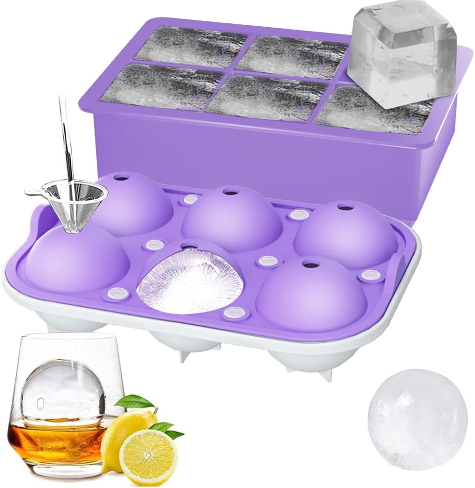 ROTTAY Ice Cube Trays (Set of 2), Sphere Ice Ball Maker with Lid & Large Square Ice Cube Maker for Whiskey, Cocktails and Homemade, Keep Drinks Chilled Black