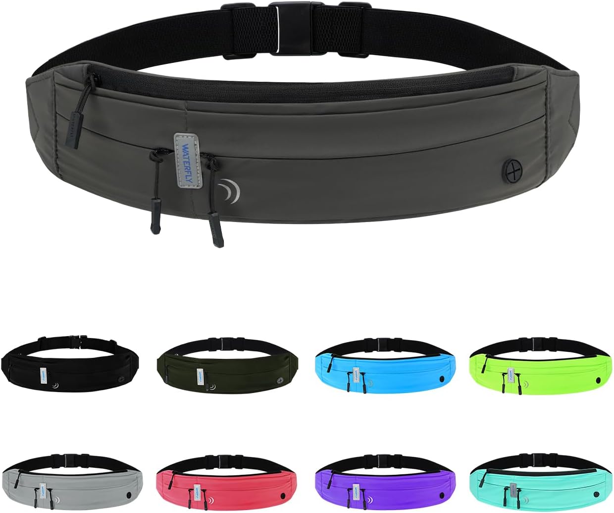 WATERFLY Running Belt Fanny Pack: Runner Marathon Jogging Waist Pack Sport Workout Exercise Fitness Phone Holder Belt for Men Women Jogger Slim Waist Bag Black