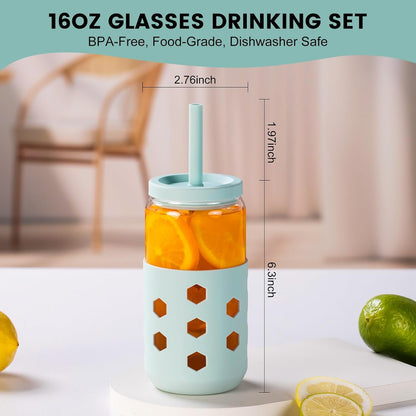 Mrsdry Glass Cups with Lids and Straws (4 Pcs), 16oz Drinking Glasses Set with Silicone Sleeves for Coffee Bar Accessories Iced Coffee Cups with Lids, Glass Tumbler Reusable for Gifts