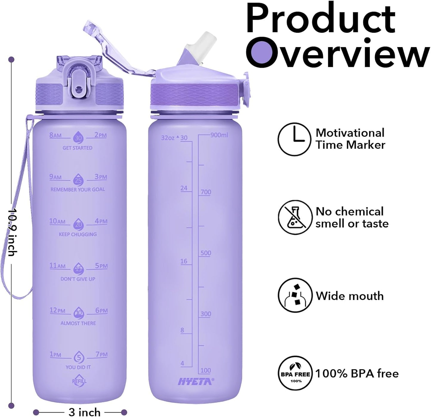 Hyeta 32oz Water Bottles with Straw - Stay Motivated and Hydrated with Convenient Times to Drink Markings, Durable, Leak-proof