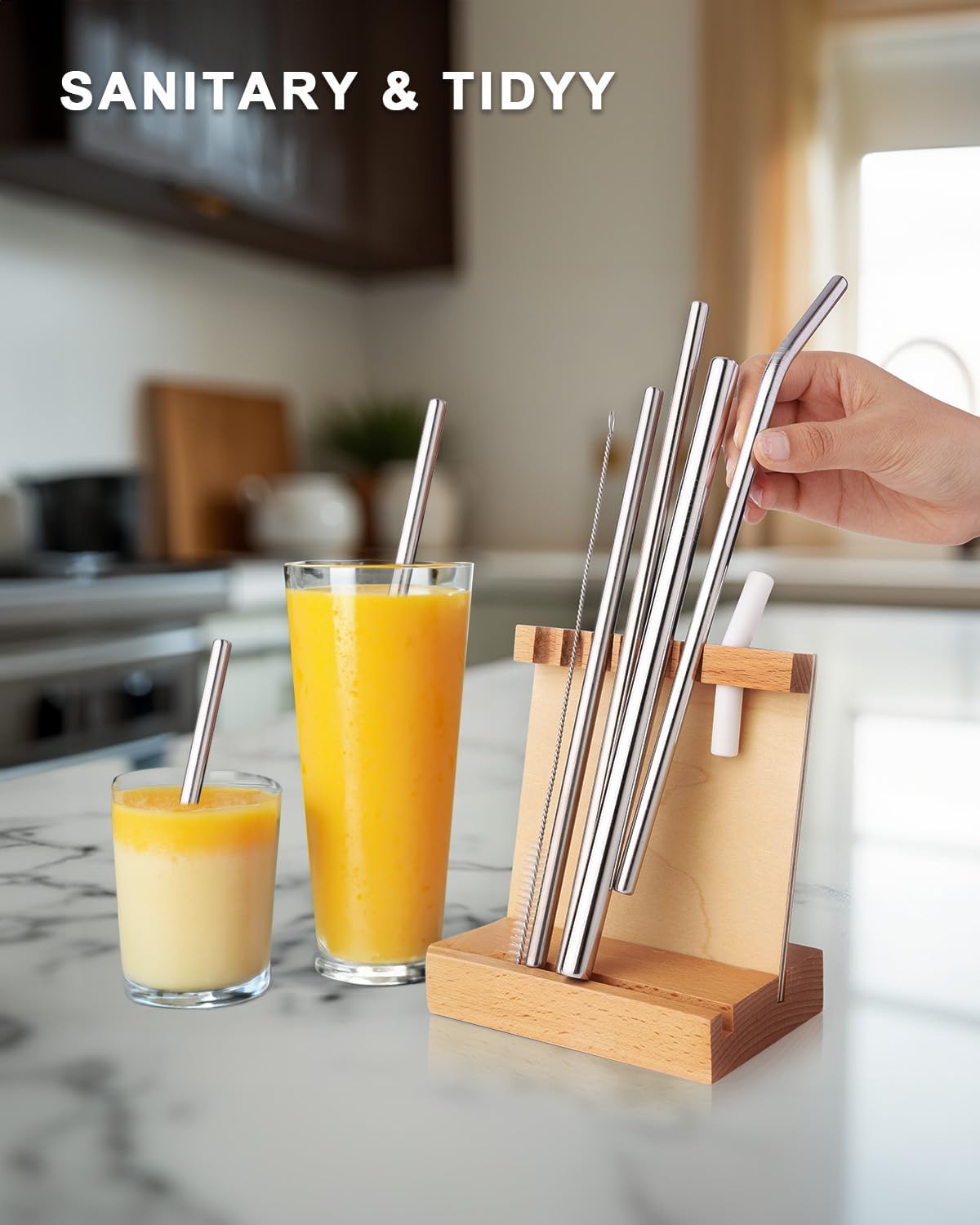 Straw Drying Rack, Drinking Straw Holder, Foldable Bamboo Straw Holder, Space Saving Wooden Straw Holder for Reusable Juice Coffee Drinks Straw Stirrer