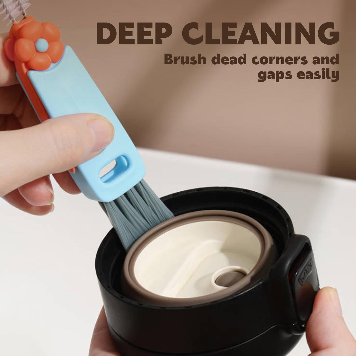 HRXFOZ 3-in-1 Cup Lid Cleaning Brush Set, 3 PCS Multifunctional Cleaning Brush with Cup Mouth, Gap, and Corner Brushes, Plastic Nylon Bristles, White and Blue, 3 Count