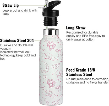 Pickleball Sport Water Bottle with Straw, Vacuum Insulated Stainless Steel Thermal Drinking Travel Mug Cups For Gym Fitness Camping-20oz/600ml