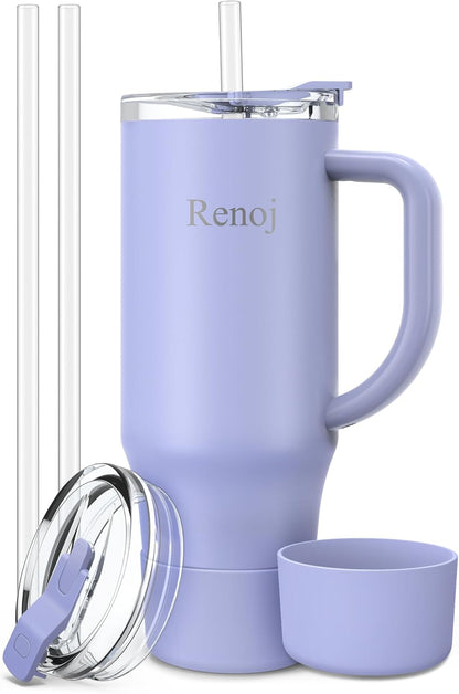 Renoj Insulated Mug 100% Leak Proof Insulated Water Bottle for Iced Coffee & Hot Drinks - Fits Car Cup Holder, Ideal Gift, 2 Straws & Silicone Boot - SnapShift Pink 32 oz