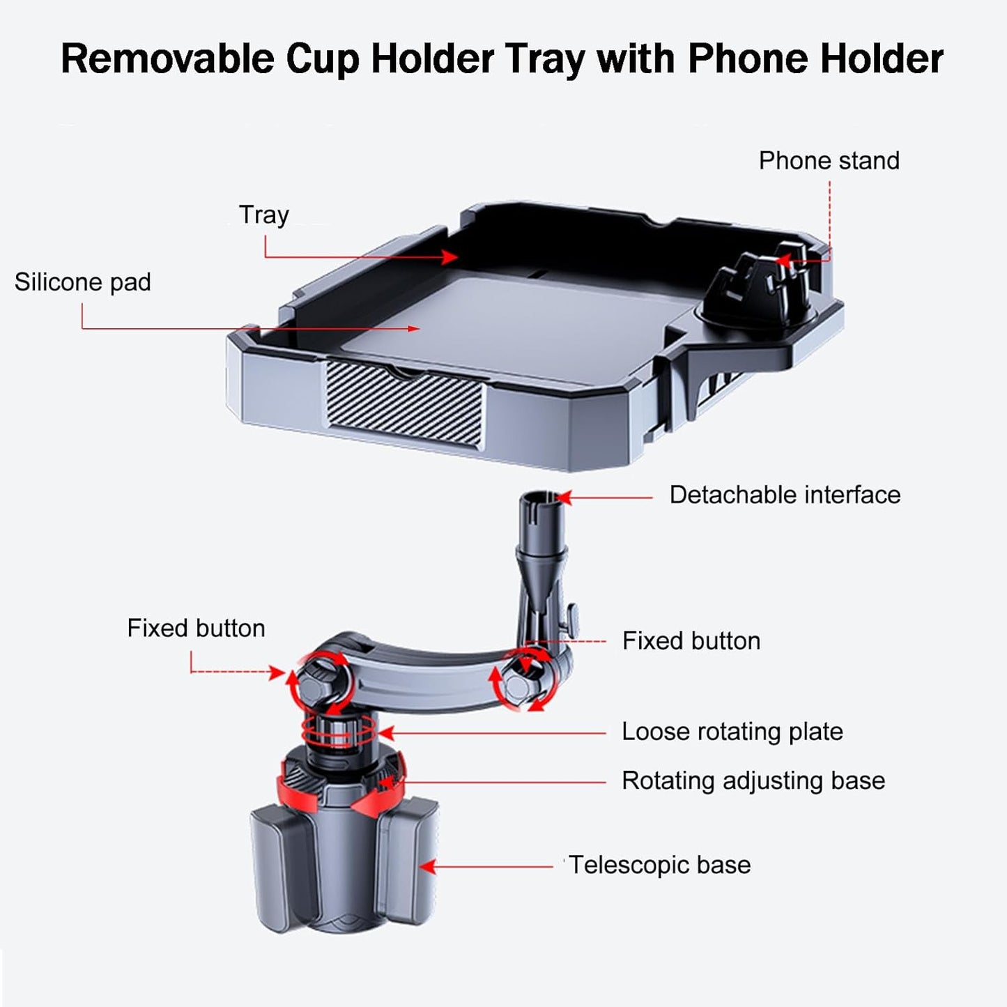 Car Cup Holder Tray, 5 in 1 Adjustable Car Cup Holder Expander Detachable Car Food Tray & Organizer – Automotive Cup Tray Table 9.8”with 360° Rotation with Phone Mount, Fit in 2.6"-3.9" Car Holder