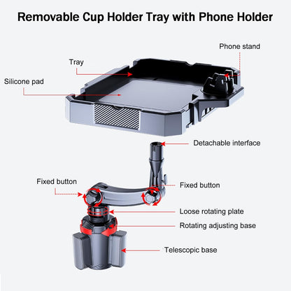Car Cup Holder Tray, 5 in 1 Adjustable Car Cup Holder Expander Detachable Car Food Tray & Organizer – Automotive Cup Tray Table 9.8”with 360° Rotation with Phone Mount, Fit in 2.6"-3.9" Car Holder