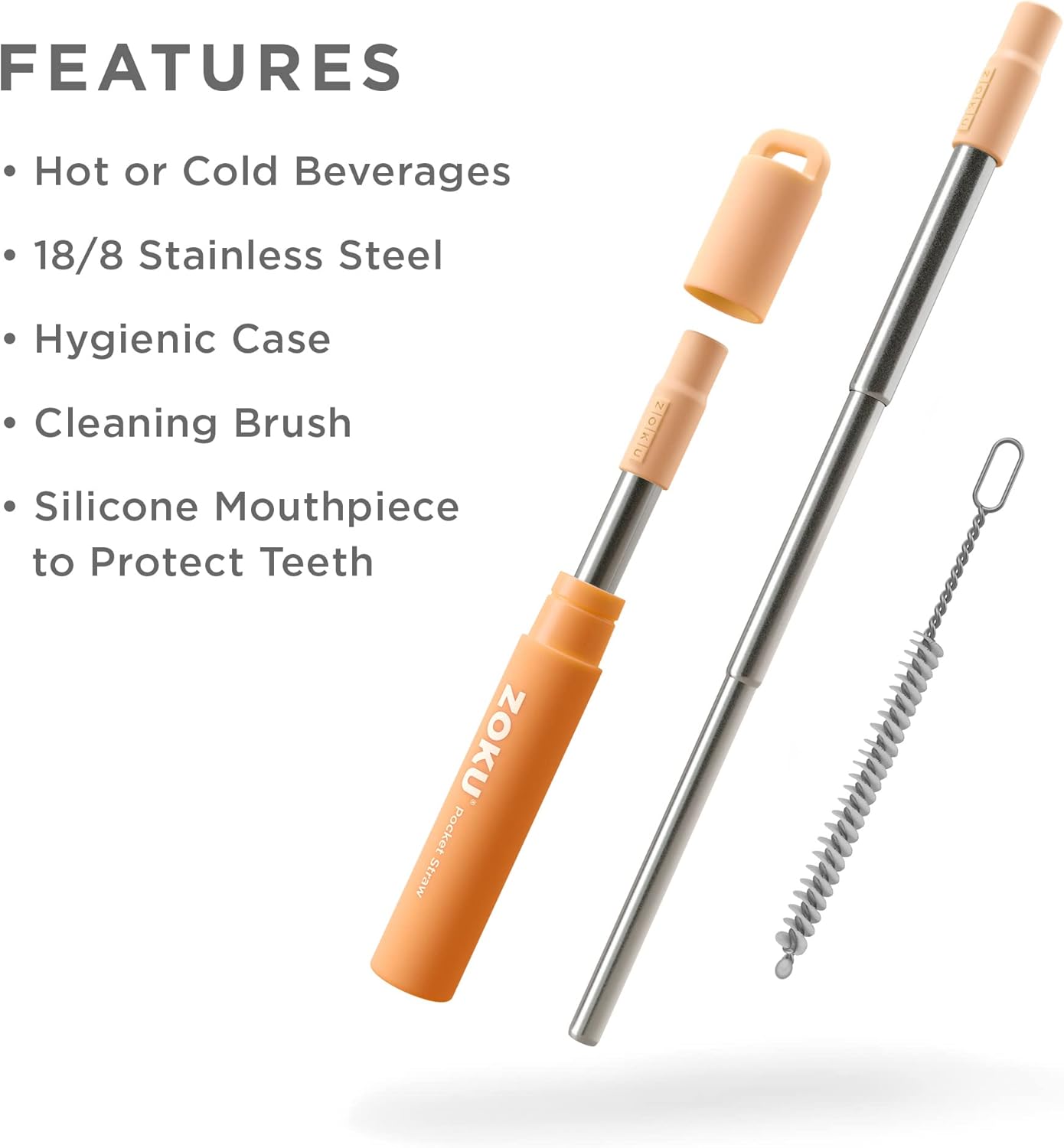 ZOKU Reusable Metal Straw with Case for Travel, Teal - Collapsible Stainless Steel Drinking Straw with Silicone Tip and Cleaner Brush, Ideal for Key Chains, Pockets, Purses