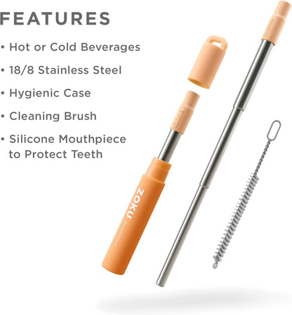 ZOKU Reusable Metal Straw with Case for Travel, Teal - Collapsible Stainless Steel Drinking Straw with Silicone Tip and Cleaner Brush, Ideal for Key Chains, Pockets, Purses