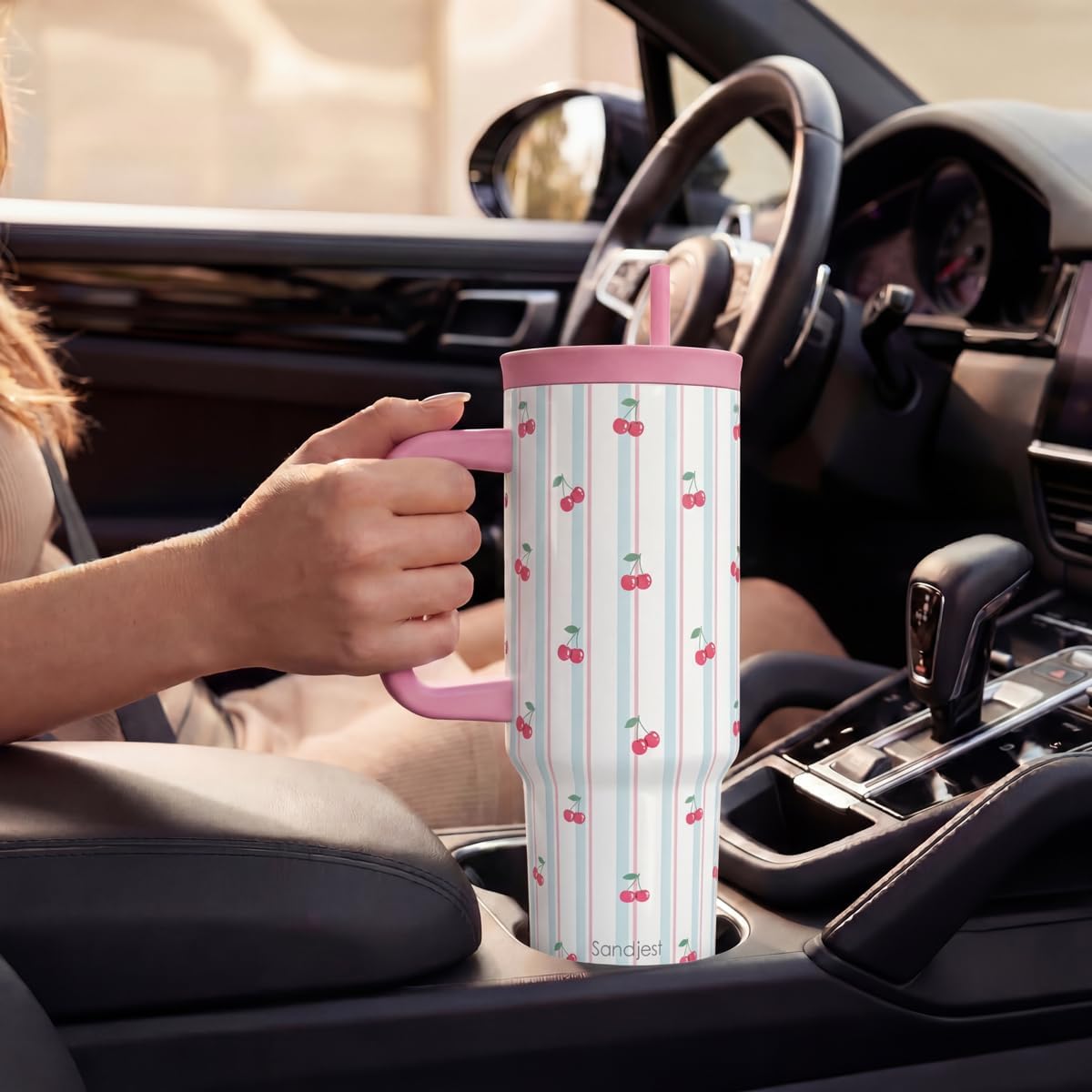 SANDJEST Pickleball Stainless Steel Locking Lid Silicone Straw Tumbler with Handle 40oz, Insulated Stainless Steel Travel Cup for Women Girls Friends Players, Gift Idea for Birthday Christmas