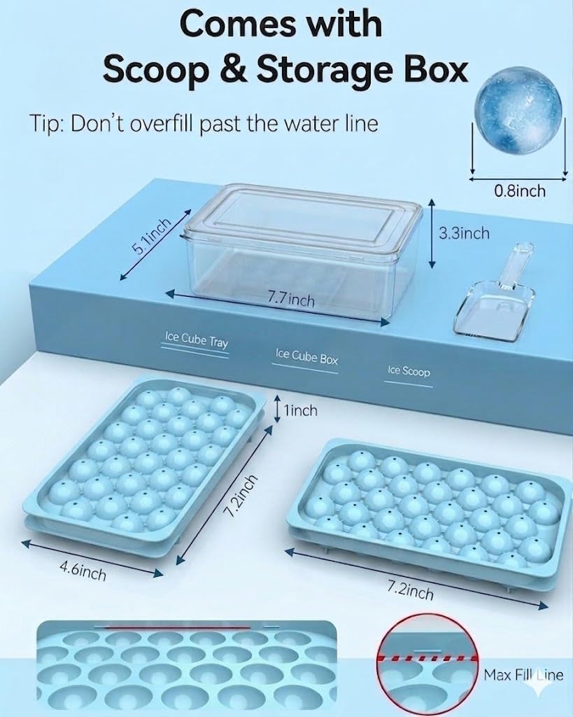 Ice Cube Trays with Lid and Bin, BPA-Free Mini 0.8 Inch Sphere Ice Molds, 2-Pack Small Round Ice Ball Trays, Easy Release, Includes Scoop & Ice Storage Box for Cocktails, Coffee