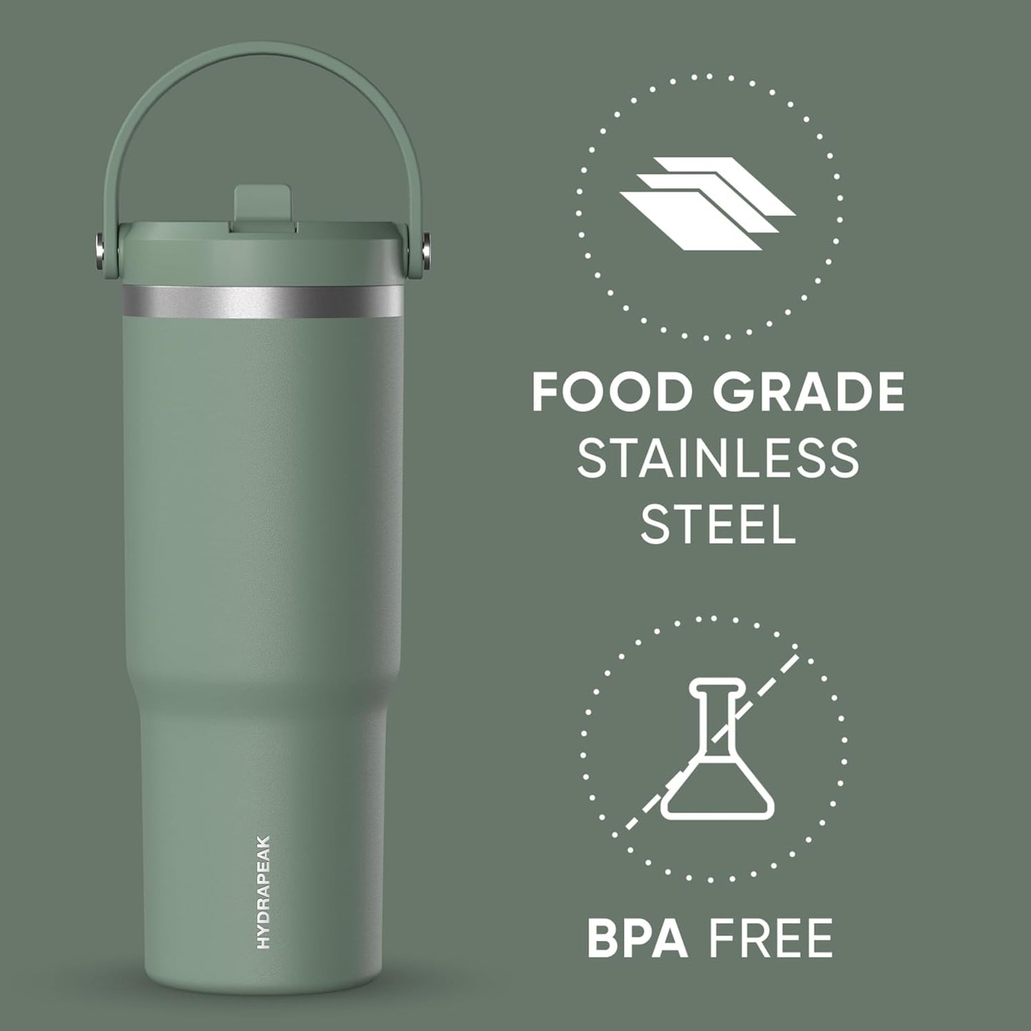 Hydrapeak Nomad 32oz Insulated Stainless Steel Travel Tumbler with Handle & Straw Lid, Leakproof, Cupholder Friendly, Keeps Drinks Cold 24 Hours, Reusable Bottle for Daily Hydration (Pale Sage)