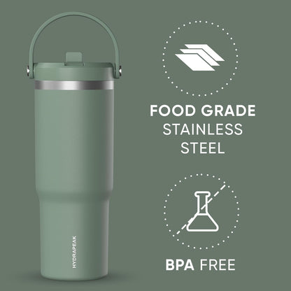 Hydrapeak Nomad 32oz Insulated Stainless Steel Travel Tumbler with Handle & Straw Lid, Leakproof, Cupholder Friendly, Keeps Drinks Cold 24 Hours, Reusable Bottle for Daily Hydration (Pale Sage)