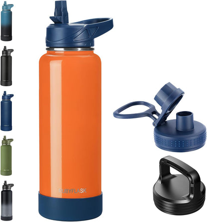 RUBYFLASK 32oz Insulated Water Bottle with Straw, Stainless Steel Metal Vacuum Water Flask, Large Thermal Water bottle with Leakproof 3 Lids for Travel, Camping, Gym Sports Indigo Black