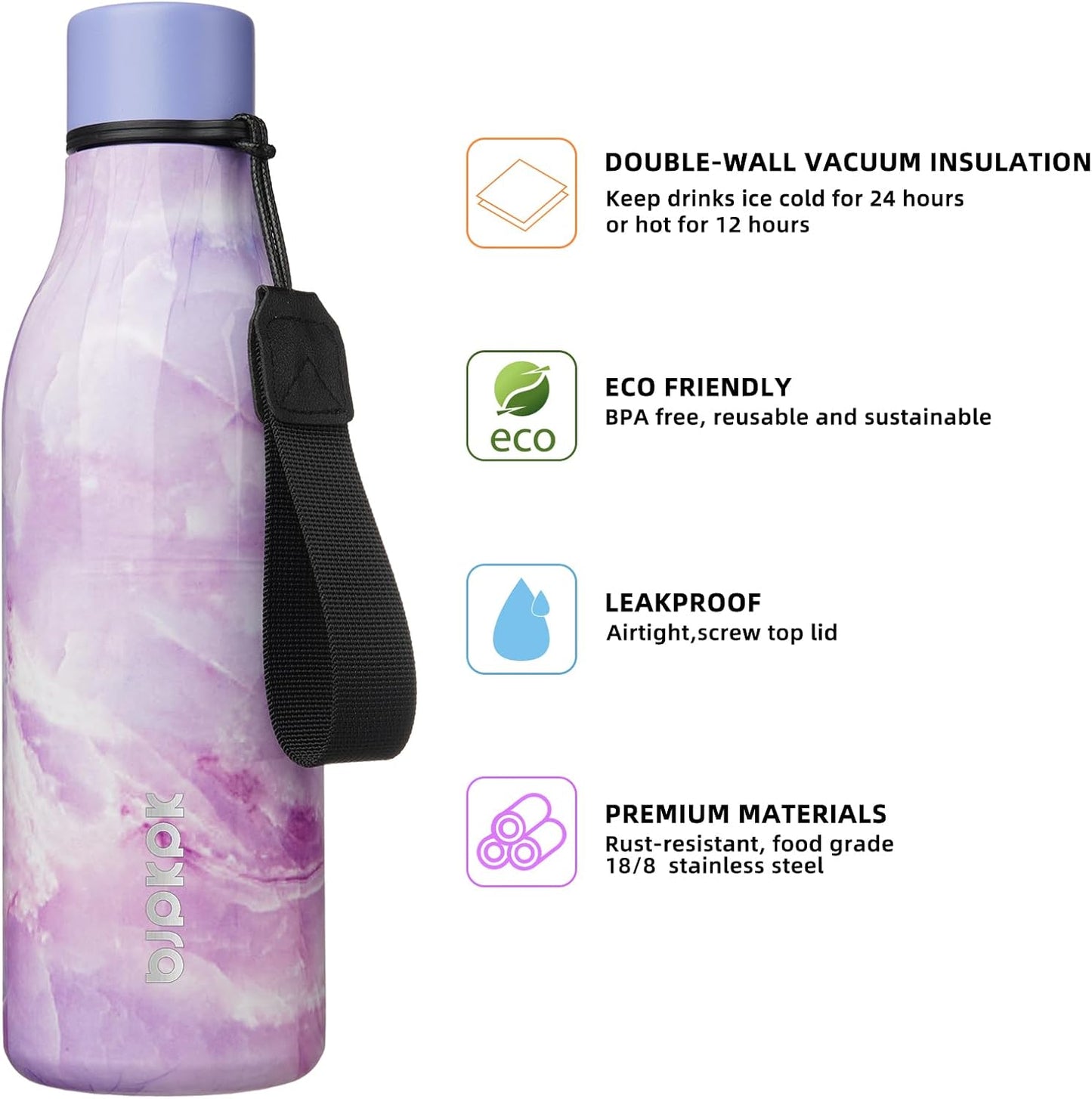 BJPKPK Insulated Water Bottles, 18 oz Stainless Steel Metal Water Bottle with Strap, BPA Free Leak Proof Jugs, Mugs, Flasks, Reusable Thermal Flasks for Sports & Travel, Black - Colors B