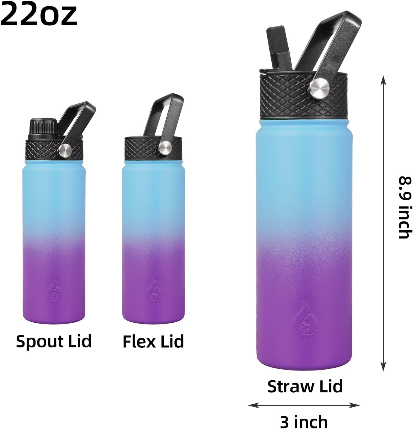 BJPKPK Insulated Water Bottles with Straw Lid, 40oz Stainless Steel Water Bottles with 3 Lids, BPA Free Leakproof Thermo, Tumblers, Cups for Sports, Gym- Midnight - Colors A