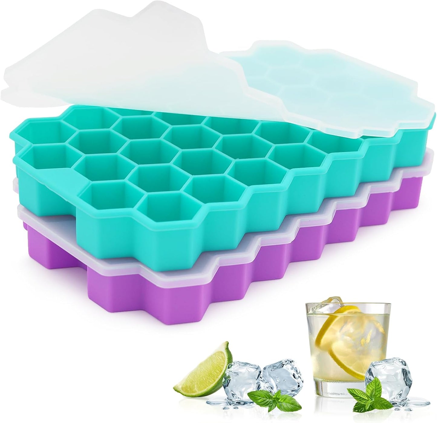 Azyh Ice Cube Trays with Lid, 2 Pack Silicone Ice Cube Trays with Lid-37 Grid, Easy-Release 74 PCS Small Ice Cubes for Iced Coffee Cocktail Whisky Chocolate Soup Food,BPA Free,Durable,Dishwasher Safe