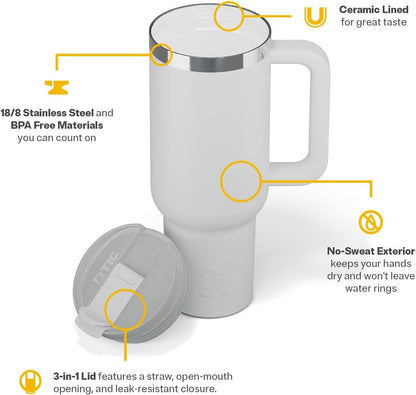 RTIC 30 oz Road Trip Tumbler Double-Walled Ceramic Lined InsulatedStainless Steel Portable Travel Coffee Mug Cup with Lid, Handle and Straw, Periwinkle Bouquet