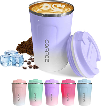 SPLMIFA Travel Coffee Mug Leak-Proof, Reusable Coffee Cups with Lids, Stainless Steel Vacuum Insulated Coffee Tumblers, Thermal Insulation Cup for Men and Women Hot & Cold Drinks(2nd-Green Pink, 12OZ)