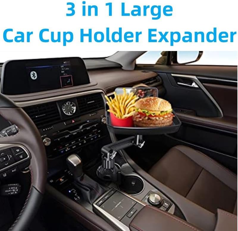 Kelofam Larger Cup Holder Tray, 10 inch Car Food Tray for Eating, Detachable 3 in 1 Car Cup Holder Expander and 360° Rotating Car Cup Holder Tray Table with Phone Holder, Road Trip Essentials