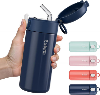 Exllena 10oz Small Insulated Water Bottle with One-Touch Soft Straw Lid, Double-Wall Vacuum Small Travel Water Bottle for Cold&Hot Drinks–Leak-Proof, Mini Flask for Handbag, Yoga, Sport(Mint)