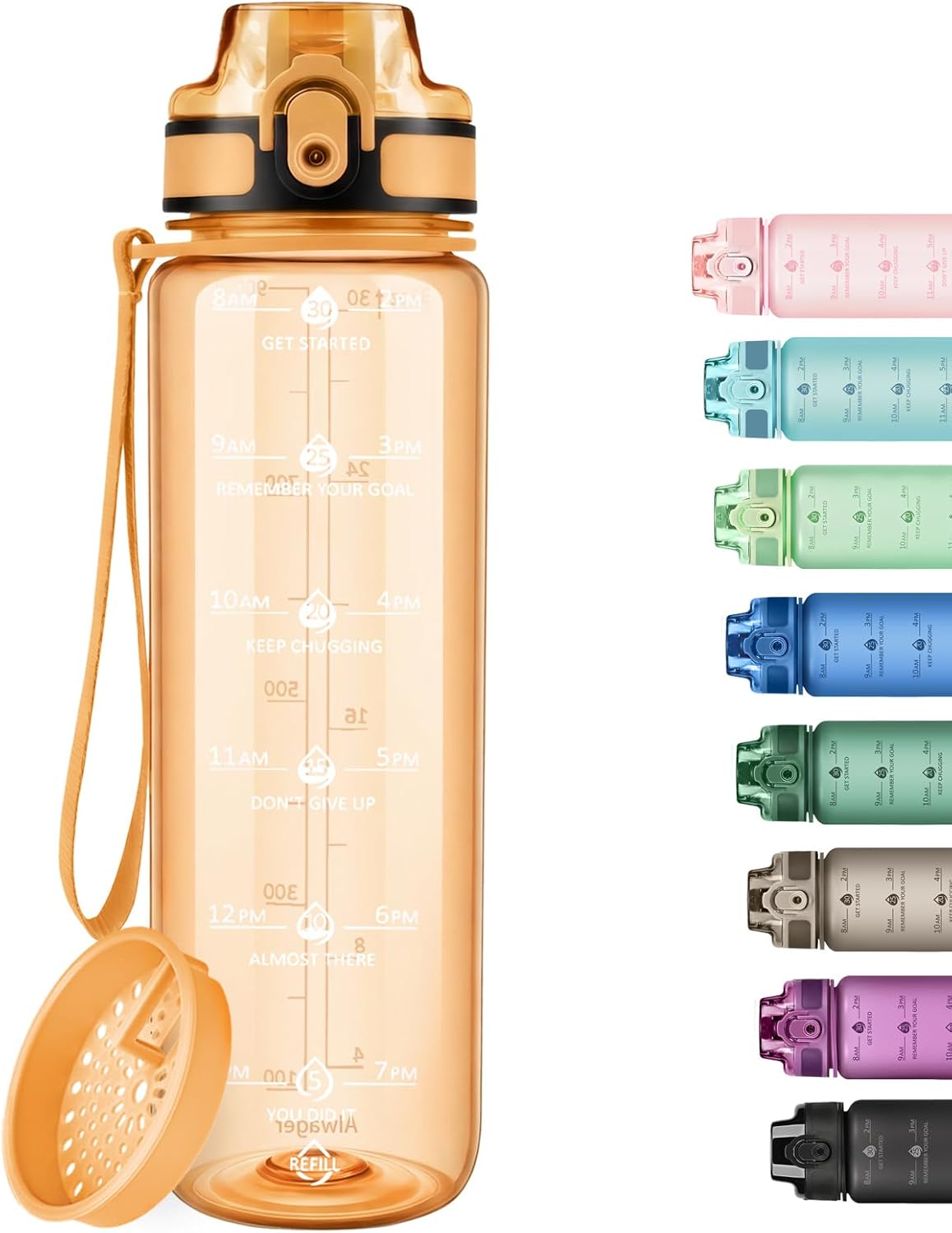 32oz Water Bottle with Time Marker, Motivational Drinking Bottle with Strap, BPA-Free Leak-Proof, Encouraging Water Bottle Time to Drink Water for Gym School Office Travel