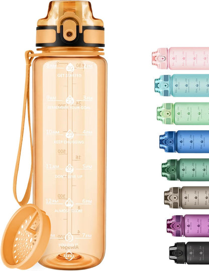 32oz Water Bottle with Time Marker, Motivational Drinking Bottle with Strap, BPA-Free Leak-Proof, Encouraging Water Bottle Time to Drink Water for Gym School Office Travel