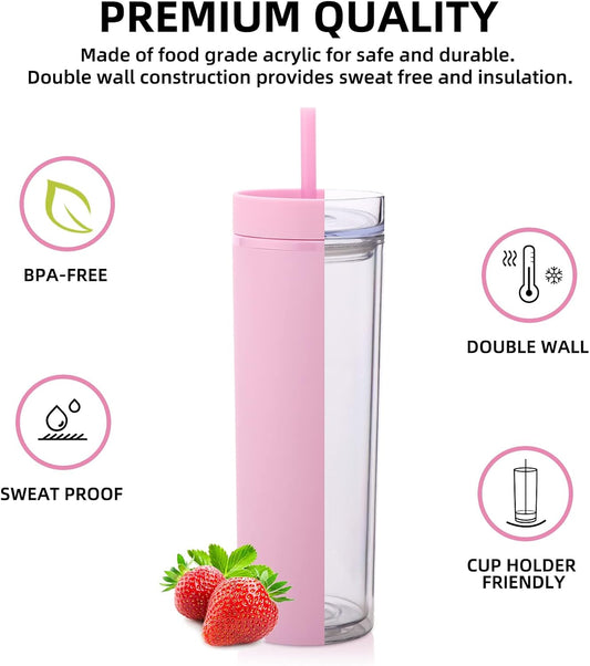 Volhoply 20oz Plastic Skinny Tumbler,Double Wall Tumblers with Lid and Straw,Reusable Travel Iced Coffee Mug,BPA Free Matte Acrylic Water Cups With Straw for Parties,DIY Gifts(Black,1 Set