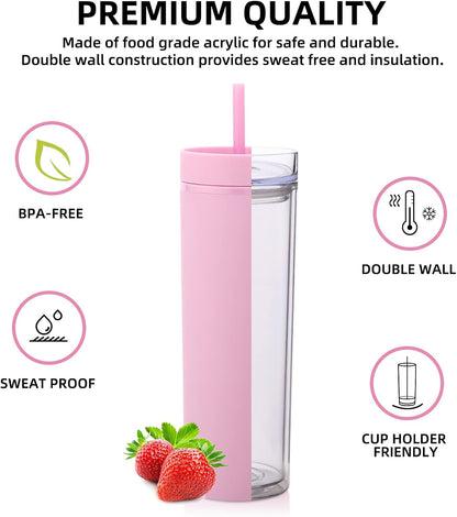 Volhoply 20oz Plastic Skinny Tumbler,Double Wall Tumblers with Lid and Straw,Reusable Travel Iced Coffee Mug,BPA Free Matte Acrylic Water Cups With Straw for Parties,DIY Gifts(Clear,1 Set)